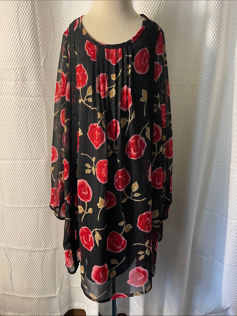 kate spade Black Midi Dress with Red Rose and Gold Leaf Print girls size 7